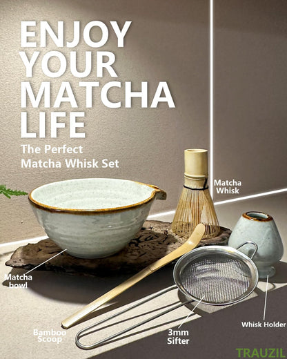 Taruzil Matcha Whisk Set with Matcha Bowl, Matcha Bamboo Whisk, Scoop, Sifter, Matcha Whisk Holder Unique Gifts for Women Mom Her Girl Friend Home Kitchen Decor Gifts for Christmas, Birthday
