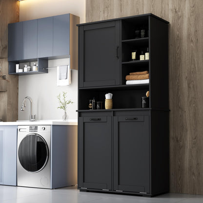 Roomfitters Tilt Out Laundry Hamper Cabinet with Hutch Modern Black Wooden Bathroom Storage Pantry Linen Tower, Black