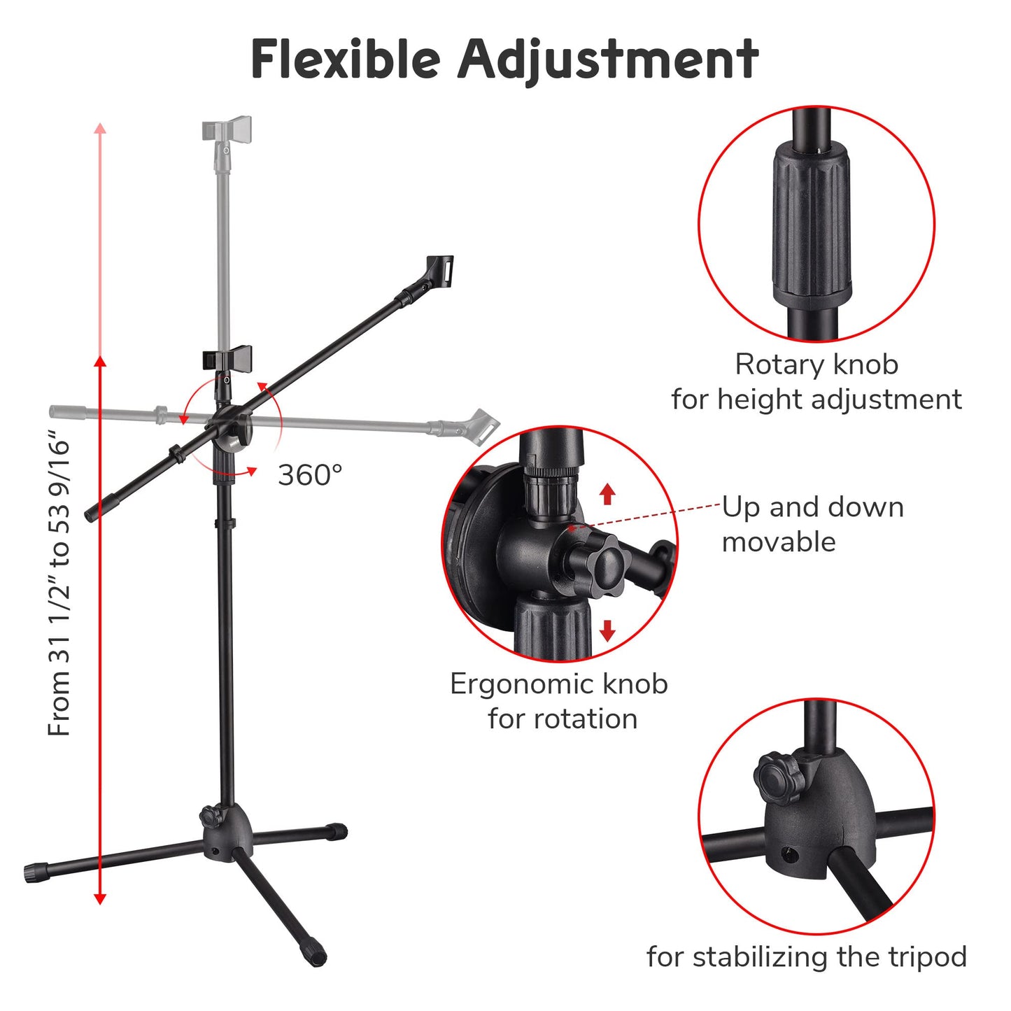 AW 12pcs Boom Mic Stand Floor Adjustable Height Mic Tripod Stand w/ 2 Mic Clip Holder Foldable Microphone Holder for Singing Live Stream Stage Studio