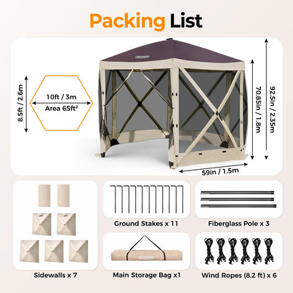 Tecoom 6-Sided Pop Up Gazebo Tent, Screen House with Mosquito Netting Canopy for Camping, 10x10ft Portable Sun Shelter Removable Siedwalls for Outdoor, Garden, Activities, Khaki