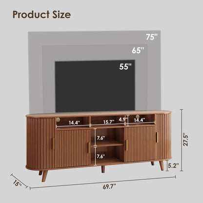 PLRSOZIM 70" Tambour TV Stand with LED Lights, Mid-Century Modern Fluted Sliding Tambour Doors, Fits up to 75" TVs, Media Console with Storage Cabinets, Entertainment Center for Living Room & Bedroom