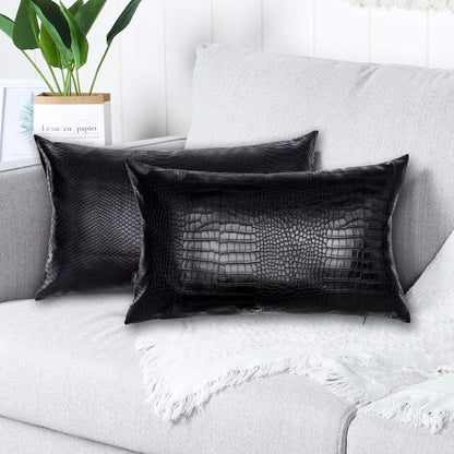 Black Crocodile Skin Faux Leather Pillow Cover, Decorative Modern Throw Cushion Case for Living Room & Bedroom, 12x20