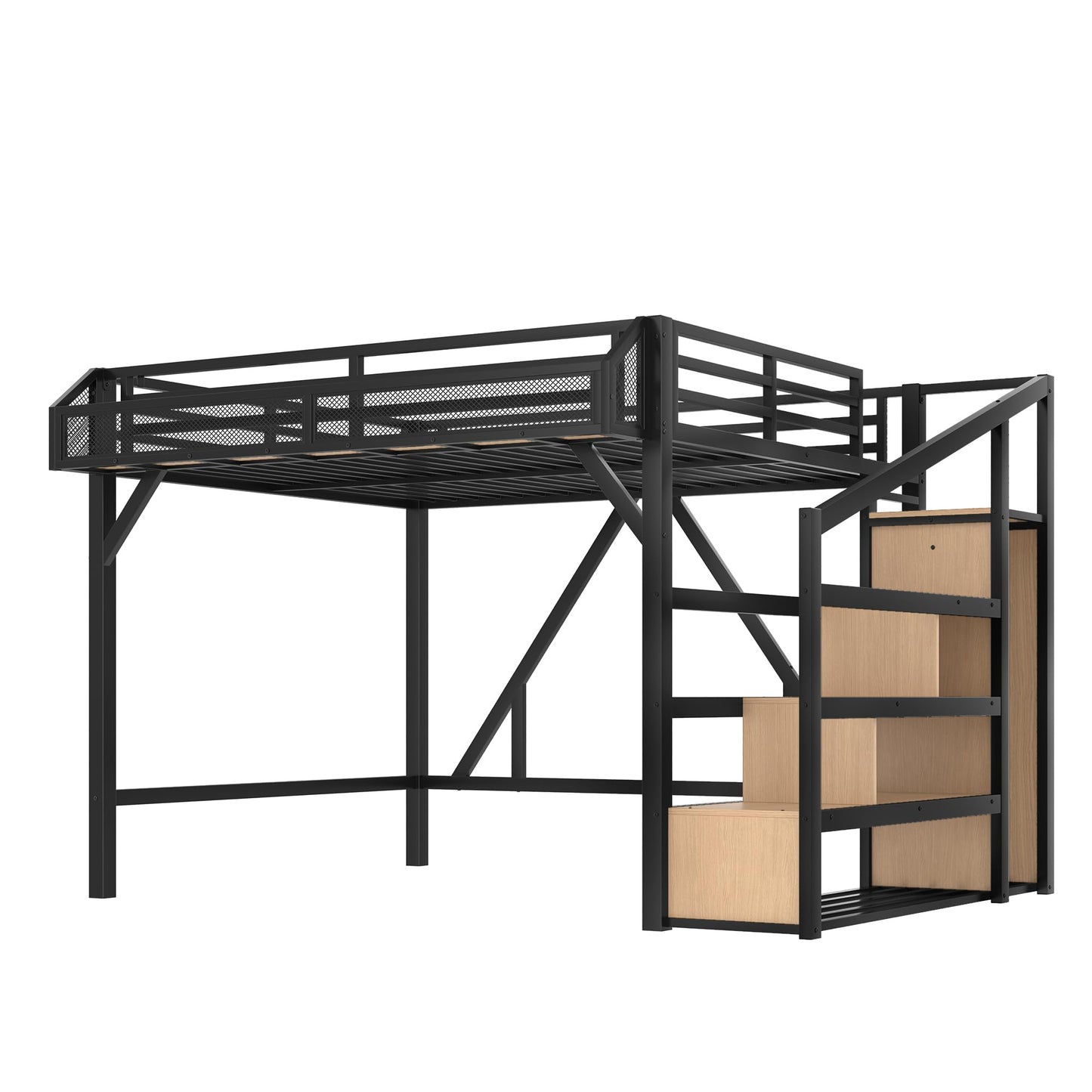 Bellemave Queen Size Loft Bed with Stairs and Wardrobe,Heavy Duty Metal Loft Bed Frame with Shelves,LED Lights and Charging Station for for Kids,Teens,Adults,Natural Wood