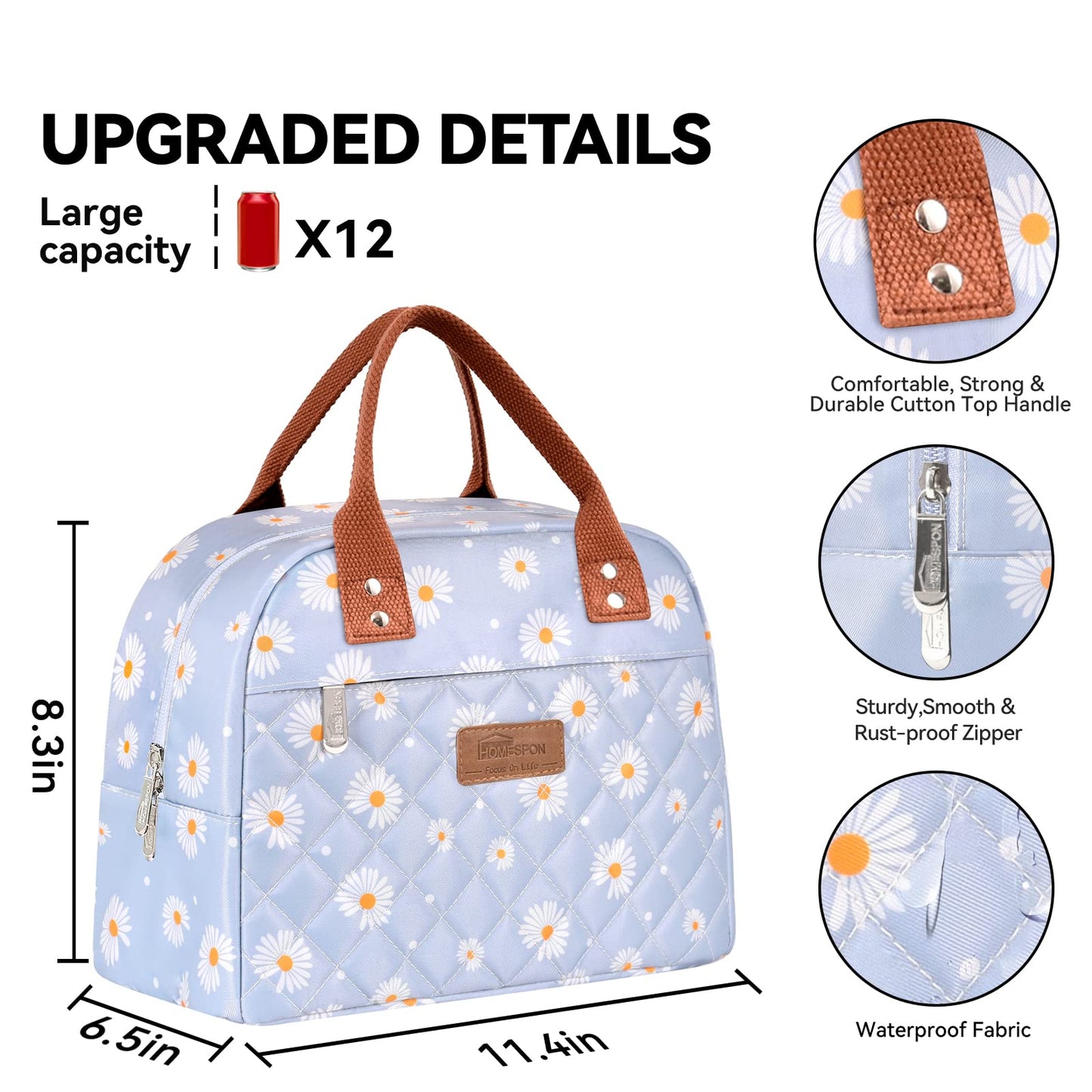 HOMESPON Insulated Lunch Bag for Women Men Adults Lunch Tote with Front Pocket Lunch Box Container Cooler Bag for Work Picnic (Blue Daisy)