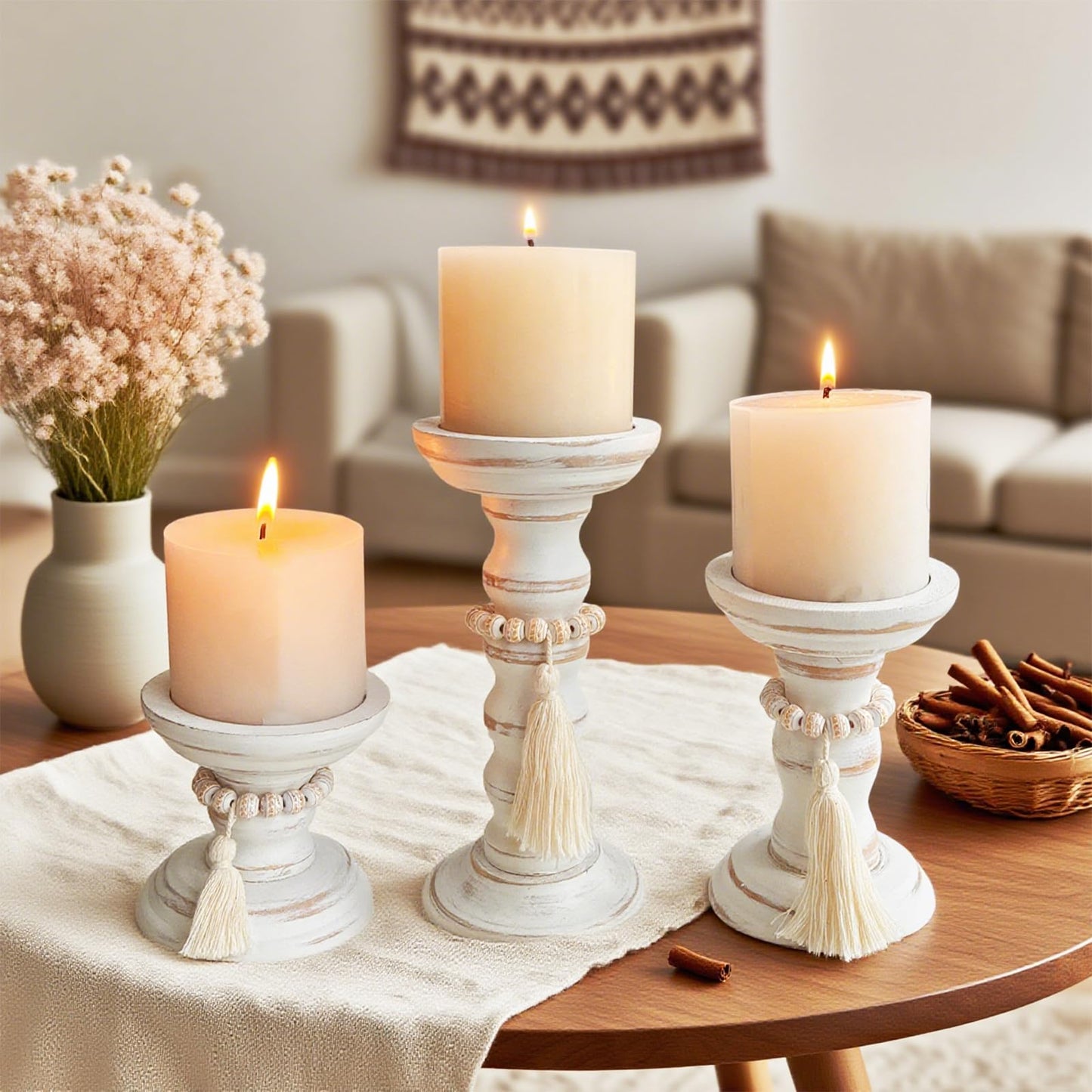 cachiv Wood Candle Holders for Pillar Set of 3 Rustic Candles Holder Tall Candlestick Stand for Farmhouse Decor Fireplace Table Centerpieces