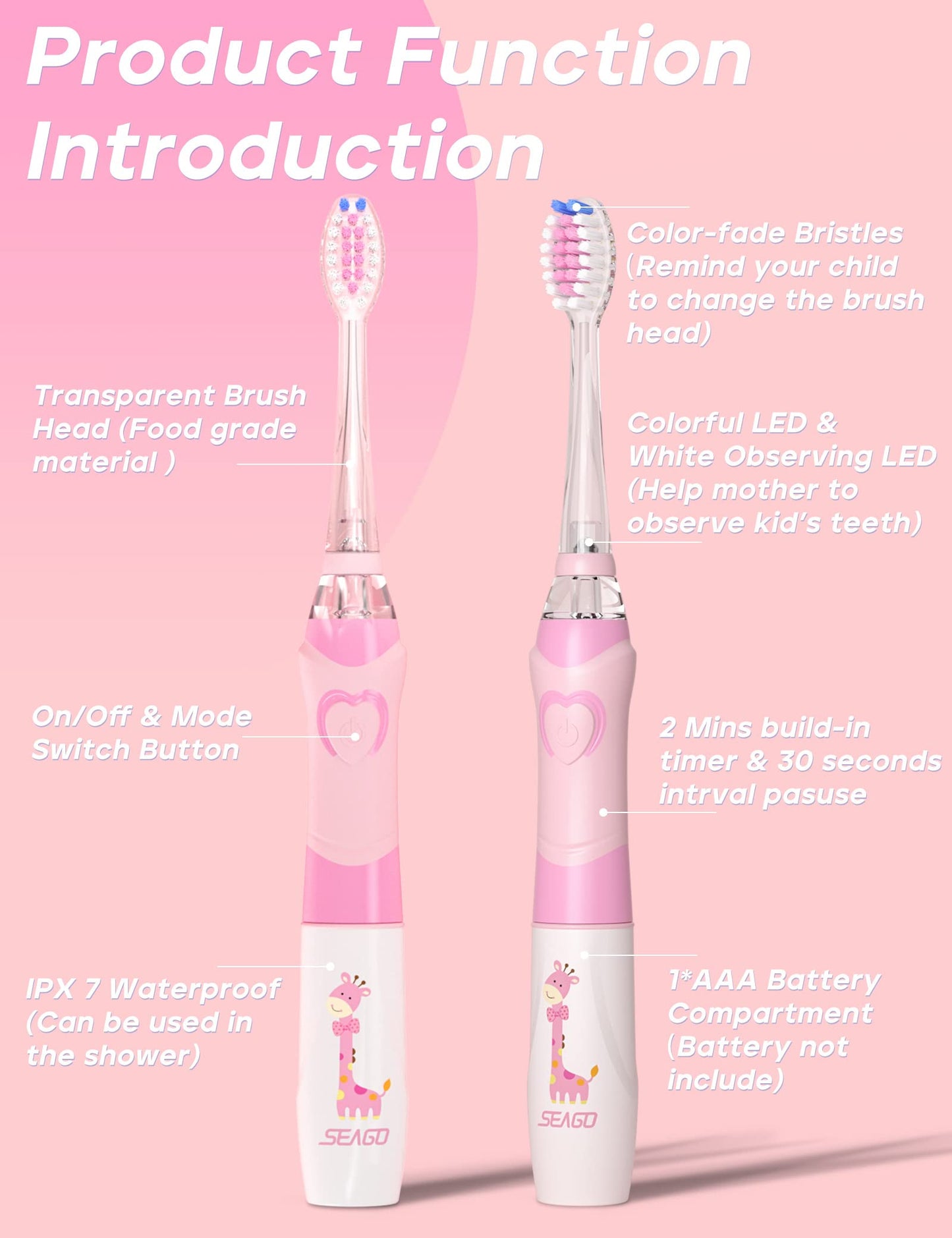 SEAGO Kids Electric Toothbrush with 2 Mins Brushing Timer and 4 Replacement Bursh Heads, Rainbow LED Light Make Brushing Fun, Boys Battery Powerd Toothbrush for 4-12 Years Old，SG-977 (Light Blue)