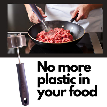 2 pc box set - Large Stainless Steel Meat Chopper & mini Avocado Masher - with Heavy Duty Handle & Mashing Head for Beef, Turkey and More – Dishwasher Safe (Midnight Plum 10"/Zippy Green Mini)