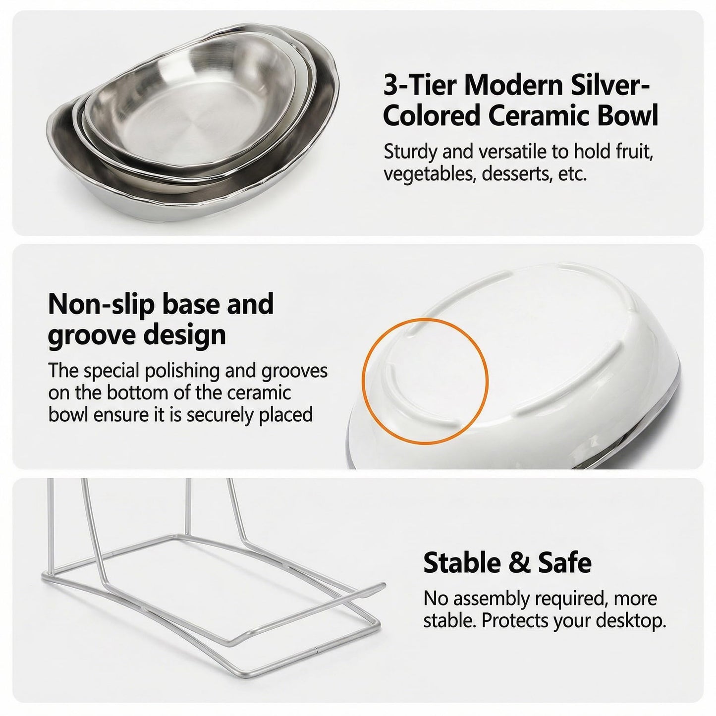 Goaste 3 Tier Ceramic Fruit Bowl, Oval Tiered Serving Bowl Set, Porcelain Fruit Basket with Metal Stand, Large Detachable Fruit Storage Holder Rack for Kitchen Counter, Vegetable, Cake, Dessert, Salad