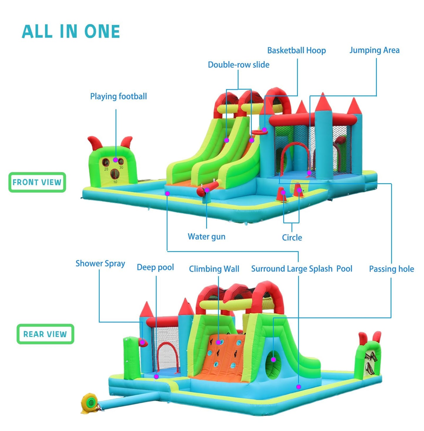 JOOLOOG Inflatable Water Slide Park 18x15FT Mega Water Park Bounce House w/Double Waterslide Large Splash Pool, Deep Pool, Shower,Water Cannon,Climbing Wall and Jumping Bouncer for Backyard Outdoor