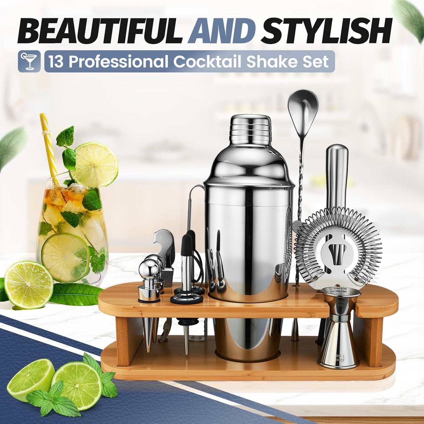 Set 13-Pcs Set 25oz Cocktail Shaker Bartender Kit: Bar Tools with Bamboo Stand, Essential Bar Accessories for Home: