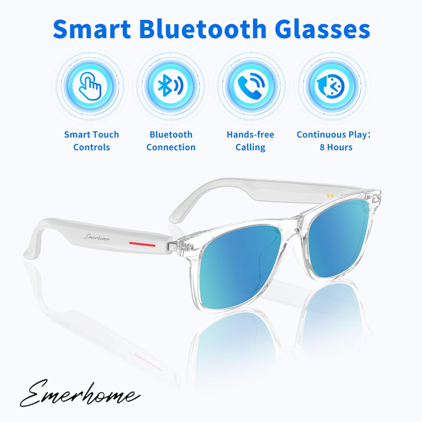 Smart Glasses - Bluetooth Glasses for Men & Women, Touch Control, Outdoor UV Protection and Voice Control, Hands-Free Calls (Clear Lens)