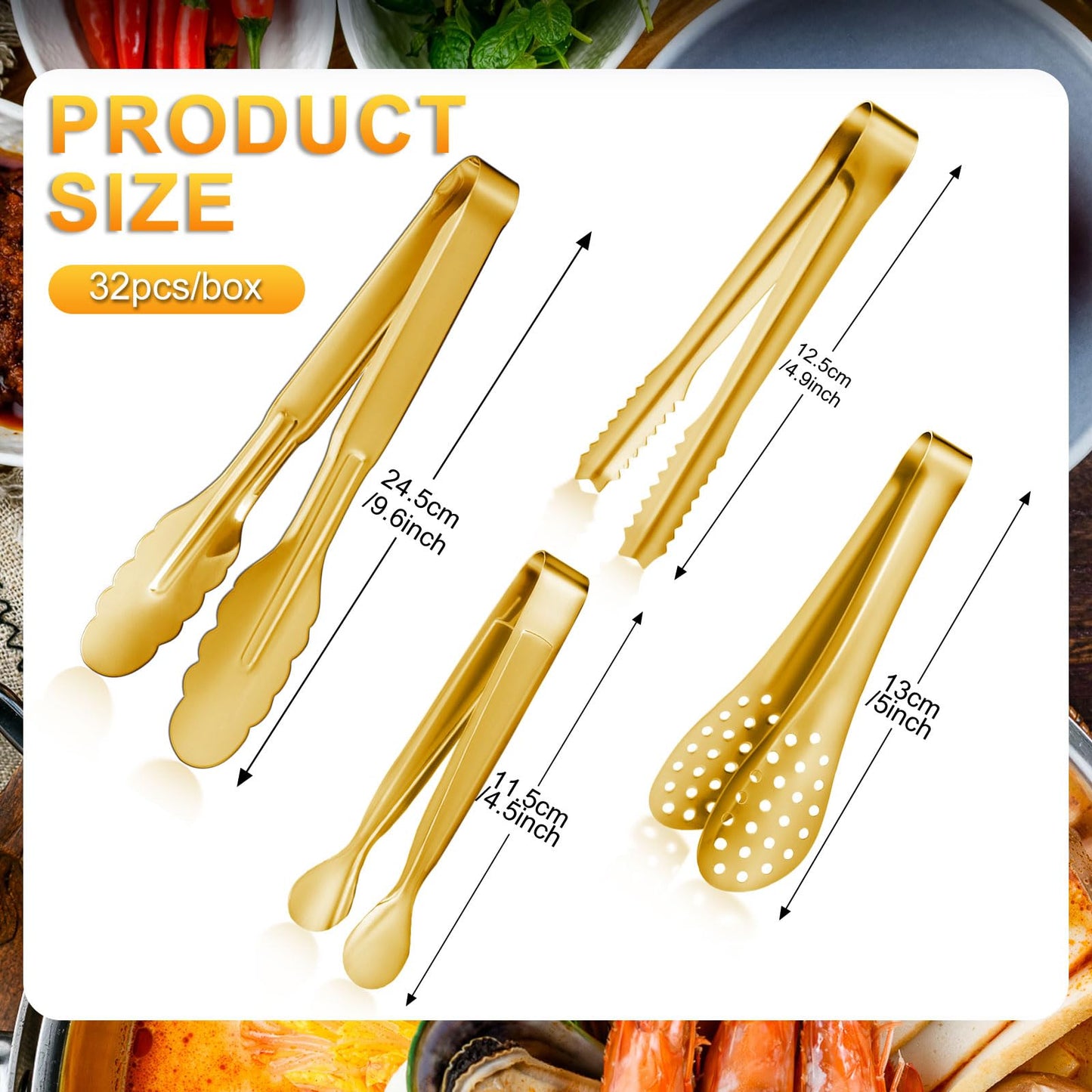 Mumufy 32 Pcs Mini Serving Tongs Buffet Serving Utensils Stainless Steel Small Tongs Catering Kitchen for Appetizer Tea Party Coffee Bar Food Ice Salad Barbecue Cookies Sugar, 4 Styles(Gold)