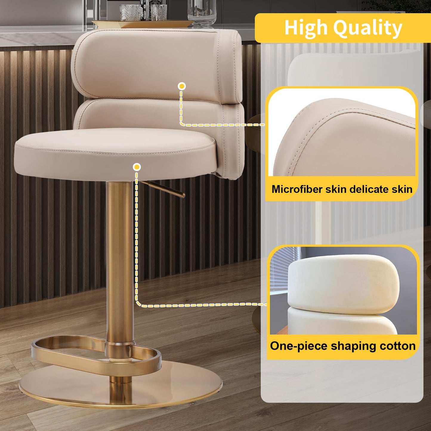 CAROCC Fireproof Leather Swivel Bar Stool Adjustable Airlift Counter Height Bar Stool Kitchen Dining Cafe Hydraulic Bar Chair with Padded Back，Gold Chromed Metal Base (1PCS Khaki)