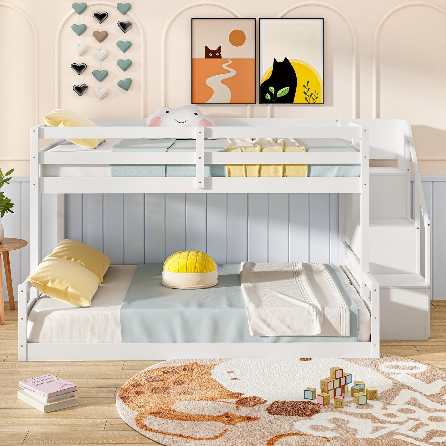 Giantex Twin Over Full Bunk Bed with Stairs, Solid Wood Floor Bunk Bed with Storage Staircase & Full-Length Guardrails, Low Bunk Bed with for Kids, Teens, Adults, Dorm, Small Space, White