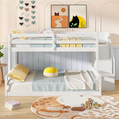 Giantex Twin Over Full Bunk Bed with Stairs, Solid Wood Floor Bunk Bed with Storage Staircase & Full-Length Guardrails, Low Bunk Bed with for Kids, Teens, Adults, Dorm, Small Space, White