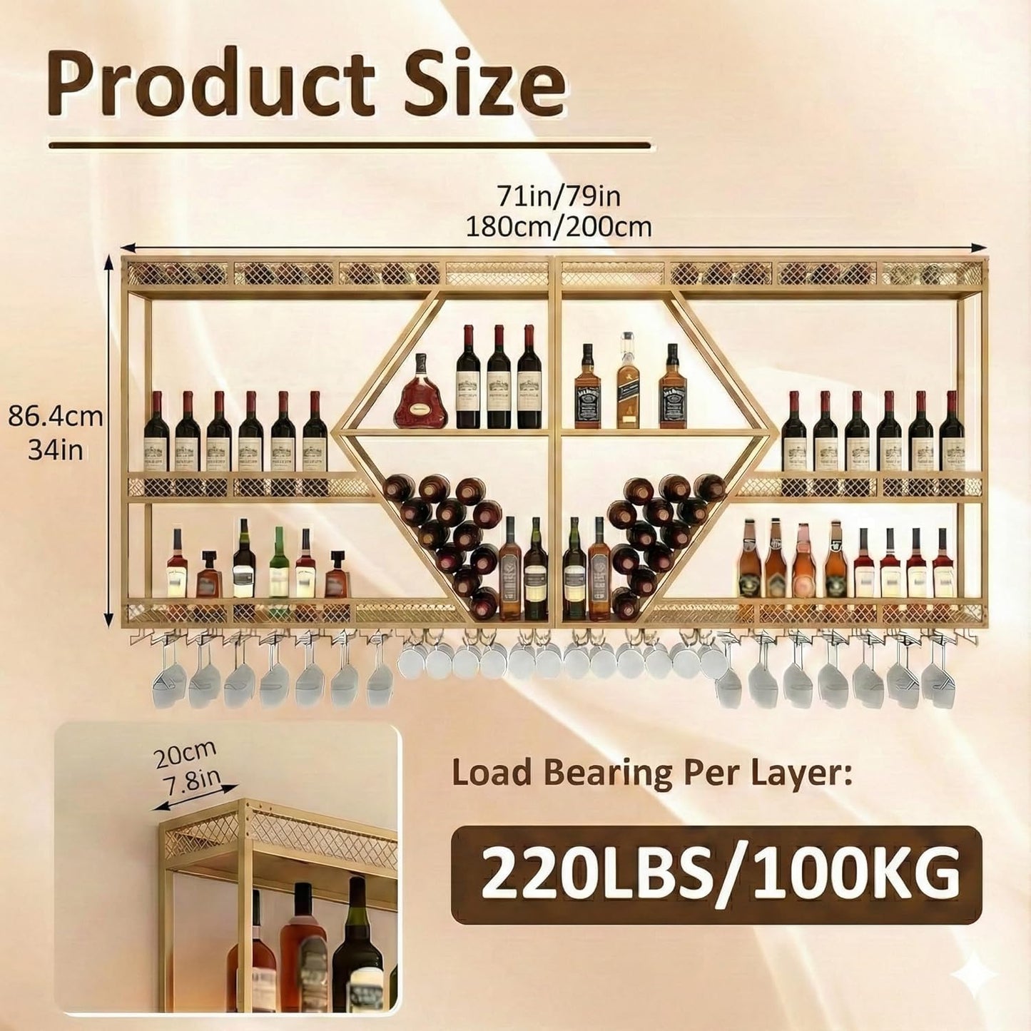 79in Wall Mounted Liquor Shelves with LED Lights, Industrial Metal Wall Bar Rack with Wine Glass Holder, Large Bottle Display Shelf for Home Kitchen (Gold)