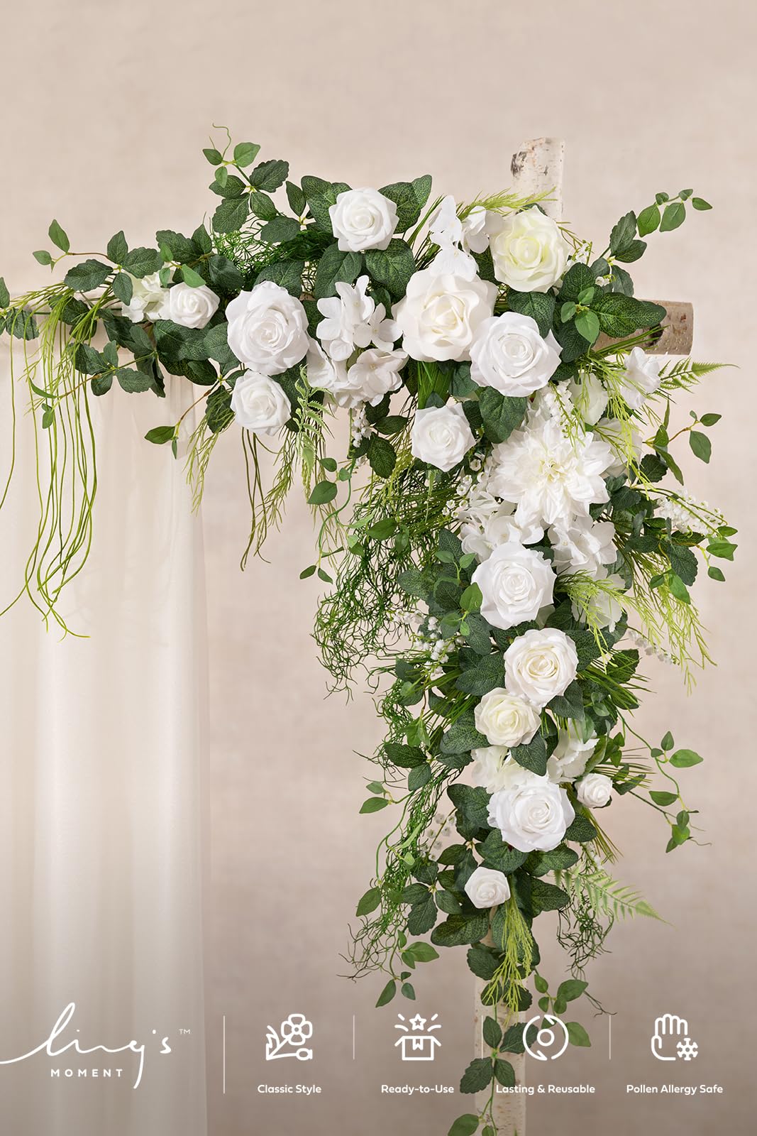 Ling's moment Wedding Arch Flowers - 6.5FT Floral Garland for Ceremony Arbor Backdrop Decoration - Artificial Rose Floral Swag for Sweetheart Table Birthday Party, Baby Shower, Lily White