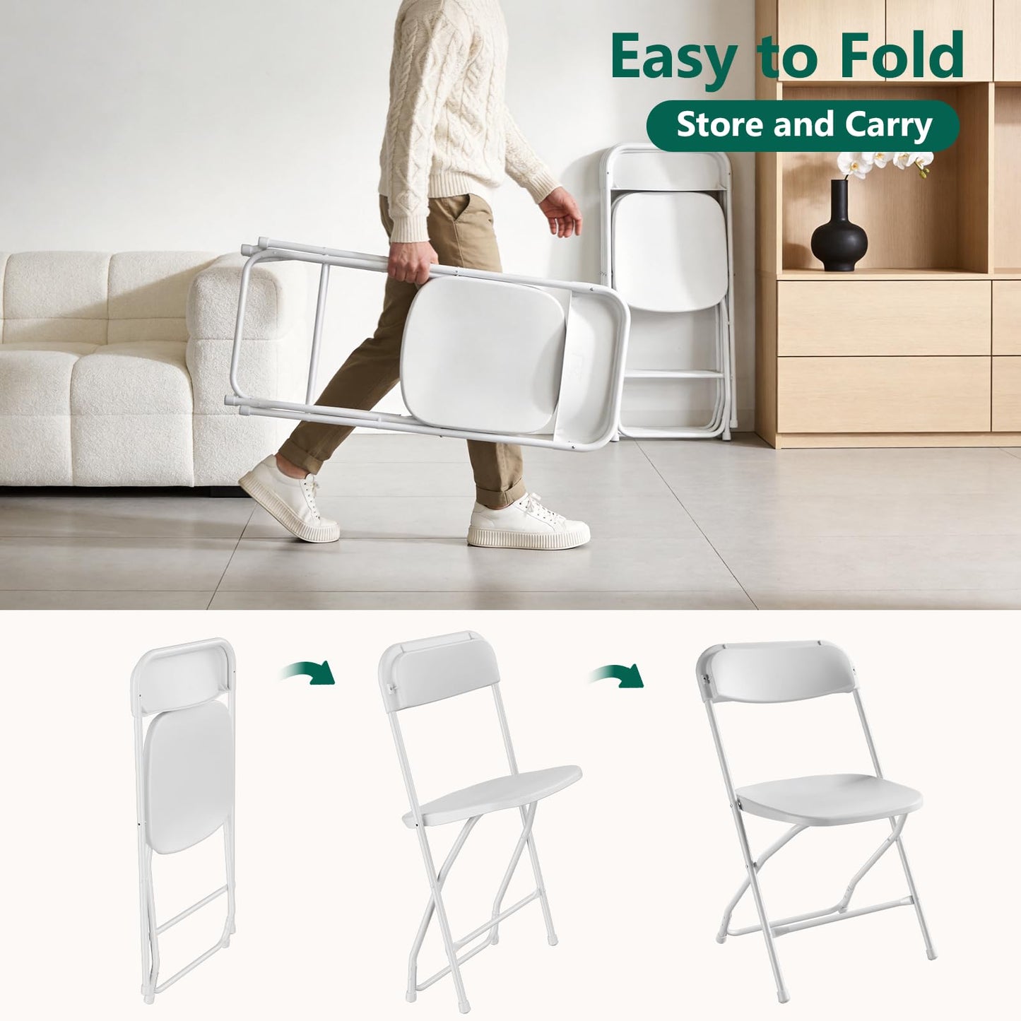 FurniEdge 16 Pack White Plastic Folding Chairs, Outdoor Portable Folding Chair with Steel Frame, 350lbs Capacity Stackable Foldable Chairs for Patio, Garden, Picnic, Kitchen, Events
