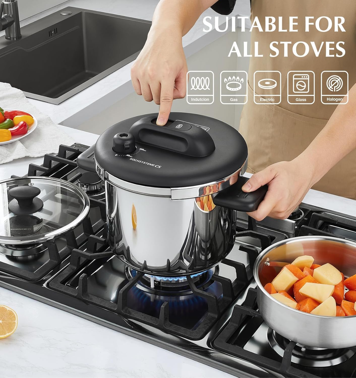 KOCH SYSTEME CS Stainless Steel Pressure Cooker 8.5QT, Olla de Presion, 18/10 Stainless Steel Pressure Cooker, Easy One-Press Lock, Stovetop Pressure Cookers, Induction Ready, Glass Lid & Steamer