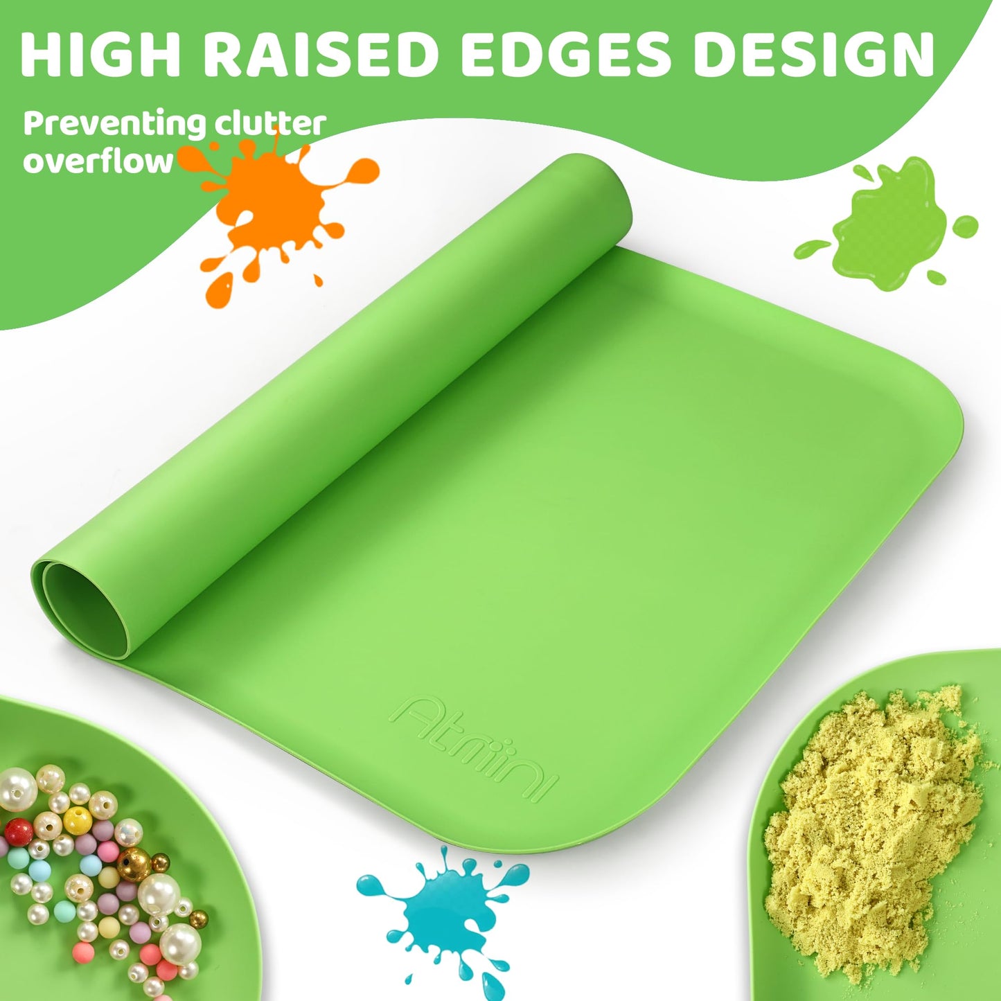 AtMini Silicone Craft Mats for Kids 24"x16"– with Raised Lip & Non-Slip | Reusable Silicone Art Mat for Play Sand, Painting, DIY Crafts | Durable Design (Green)