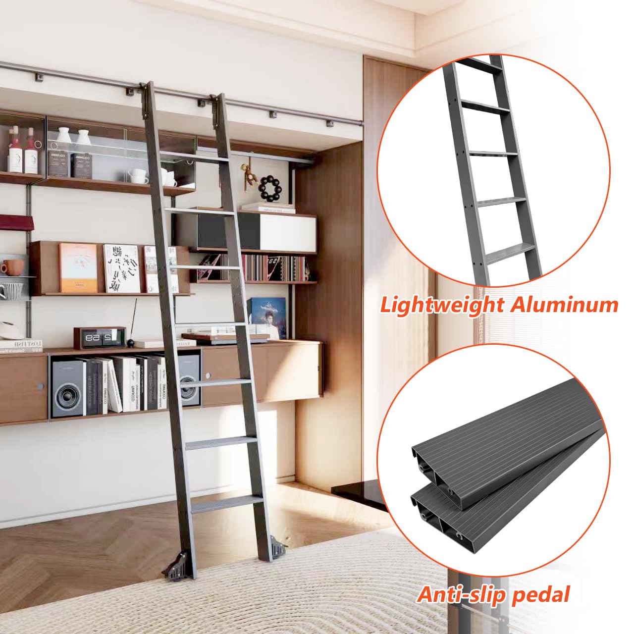 DIYHD 96" Sliding Library Ladder with 8 Steps, Telescopic Top Hook, Lightweight Rolling Ladder with Upright Space-Saving Storage, Kit with 4FT Sliding Rail, Bottom Rollers, 300lbs Capacity, Black