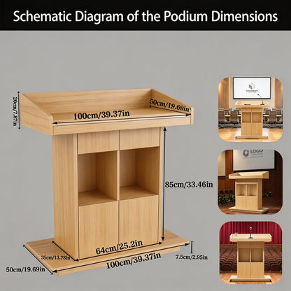 Portable Podium Stand with Lockable Wheels - Mobile Lectern for Church, Office, School, Conference & Restaurant - Includes Storage Compartment - Natural Finish