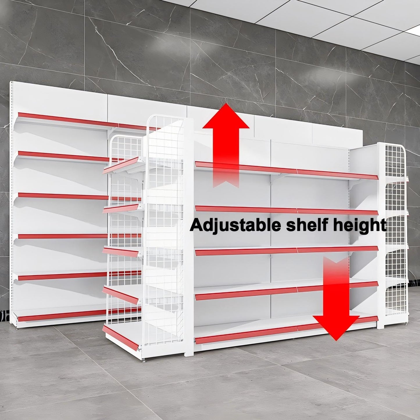 Gondola Shelving Unit for Retail Store, Heavy Duty Supermarket Display Rack, Double-Sided Metal Shelf with Adjustable Layers for Grocery, Convenience Store & Commercial Use (White, W106*D31*H63)