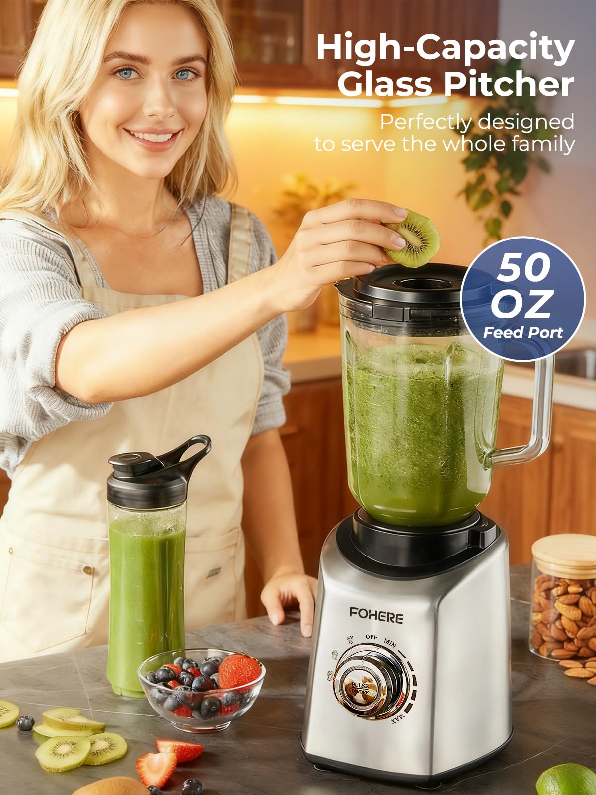 FOHERE Professional Blender Peak 1300W, Countertop Blender with 3 Presets＆ 5 Speeds for Smoothies, Shakes, and Frozen Drinks, 50 Oz Glass Jar ＆20 Oz Tritan Jug