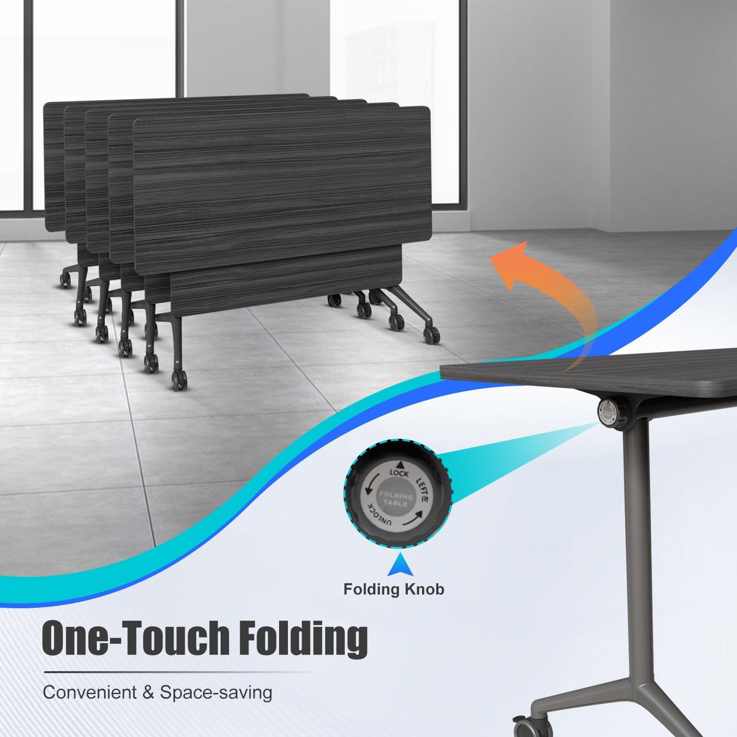 Modular Folding Conference Room Table with Wheels - 4 Pack Flip Top Mobile Training Table,Modern Meeting Tables 2-30 Person,Black,55.1"x21.6"x29.5"