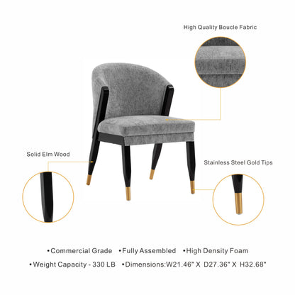 Manhattan Comfort Ola Modern Boucle Dining Chairs with High Density Foam Padding, Unique Wood Frame with Metal Gold Tips, Fully Assembled Kitchen Armchairs, Set of 2, Grey