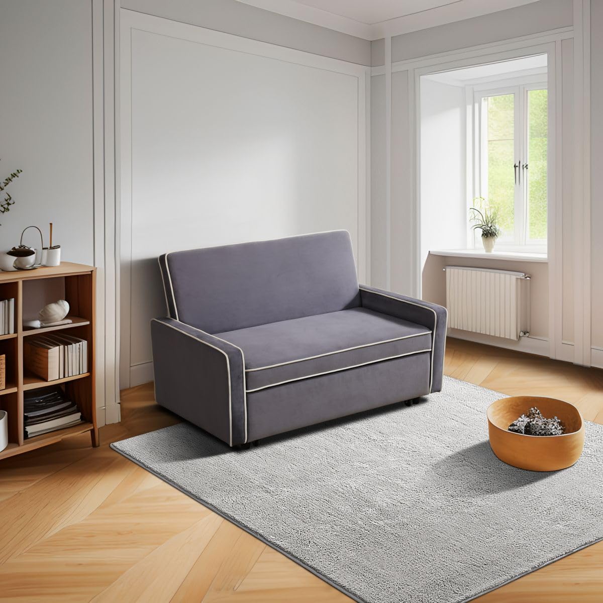 UOCFYK 3-in-1 Convertible Sofa Sleeper Bed 2-Seat Comfy Lounge Loveseat with Adjustable Backrest, Flannel Pull Out Fabric Lazy Couch Chaise, Perfect for Home Apartment Dorm Office Living Room, Gray
