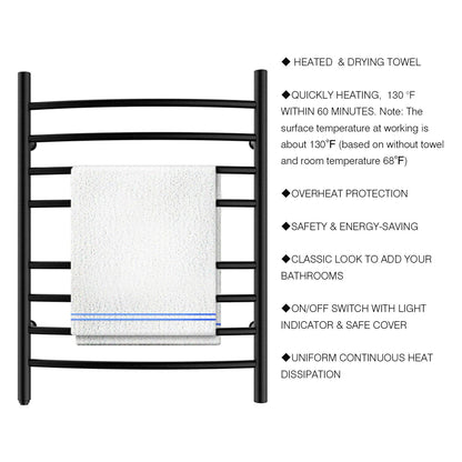 HEATGENE Towel Warmer 8 Bar Plug-in Curved Bath Towel Heater Towel Warmer for Bathroom Plug-in Drying Rack Brushed