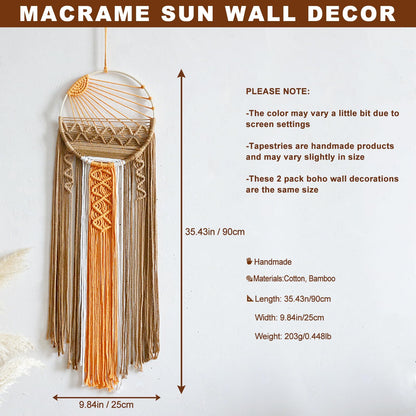 Artilady Macrame Wall Hanging Tapestry Sunrise Wall Art Boho Hanging Tapestries Large Dream Catcher, Hand Woven Orange Brown Sun Home Decorations for Bedroom Living Room Nursery (Brown Sunrise)