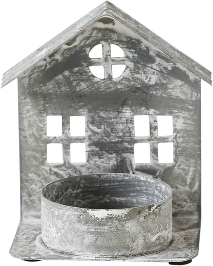 Metal Village House Tealight Holder by [Brand Name] - Antique Grey, 3.25x2.75x2 Inches