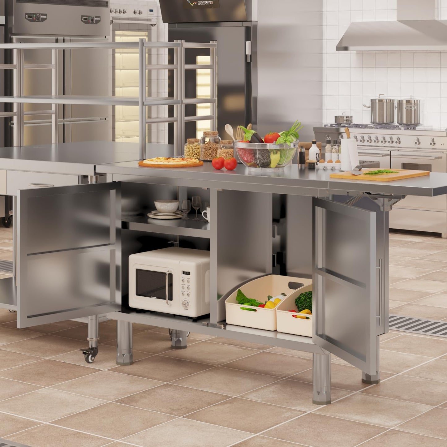 JFHID Stainless Steel Work Table, 57"x19.7" Commercial Worktable Kitchen Cabinets with Extend Panel & Adjustable Shelf, Heavy-Duty Kitchen Prep Table Workbench for Home, Restaurant, Garage and Hotel
