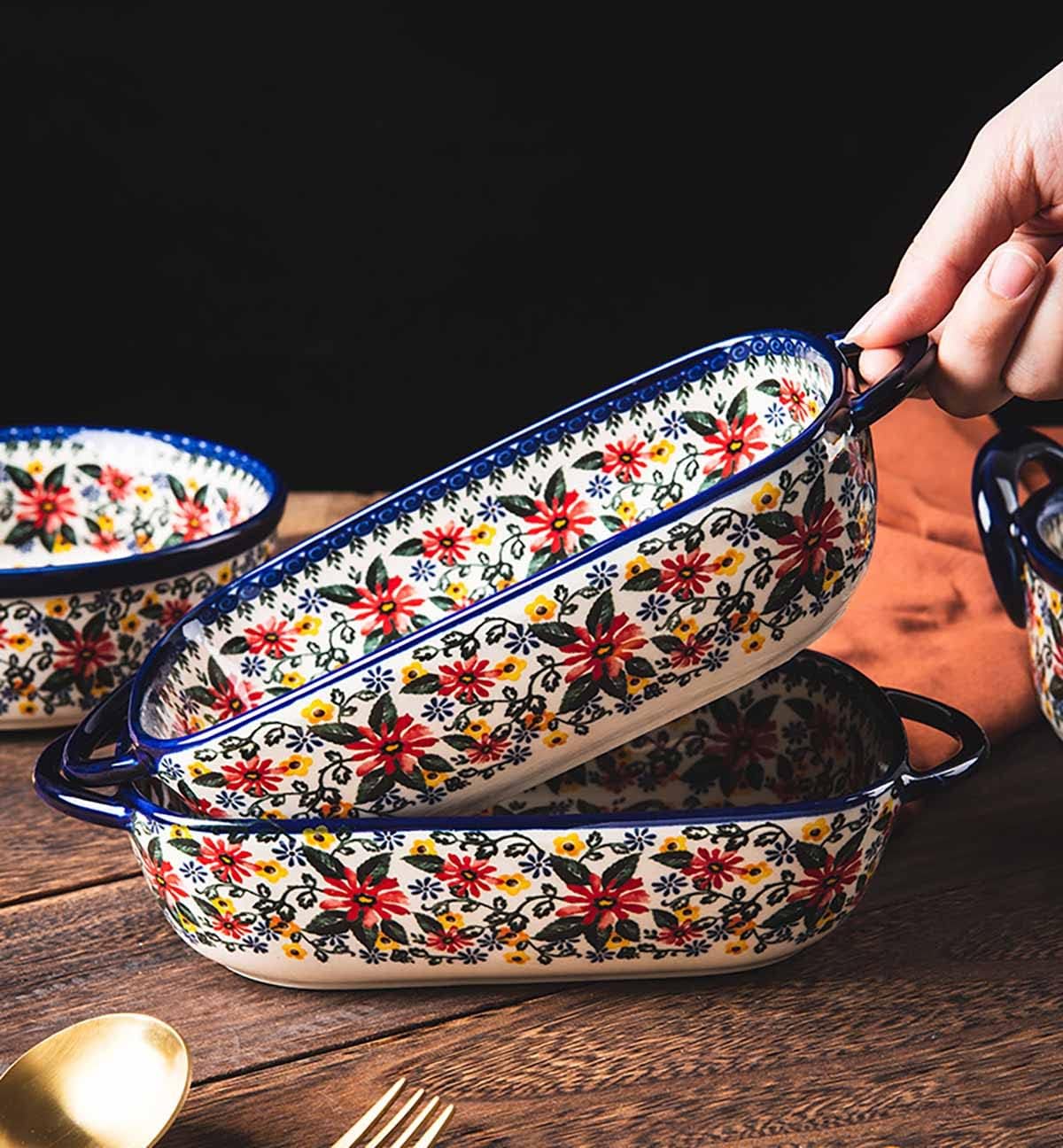 Red Daisy Flower Vintage Style Ceramic Bakeware Casserole Dish Baking Pan with Handles