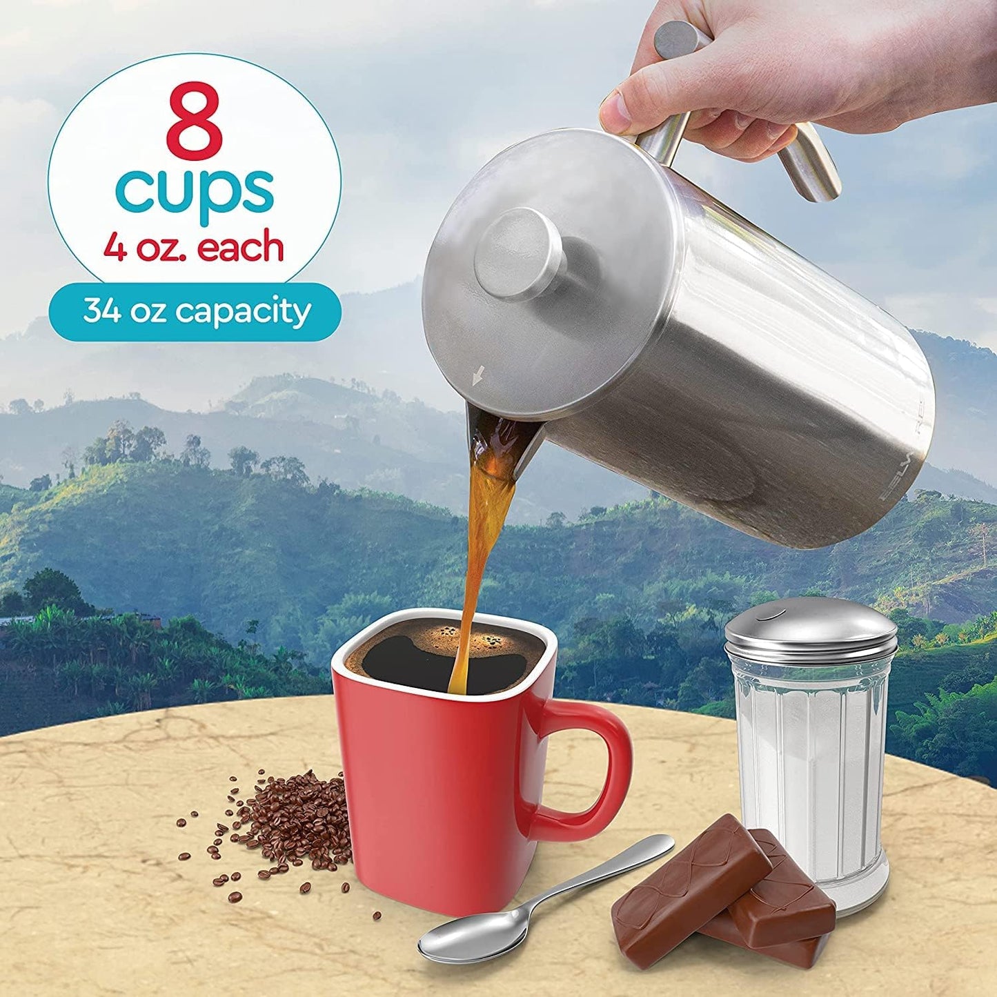 Belwares 34 oz French Press Coffee Maker, Double Insulated Stainless Steel with 2 Extra Screens and Coffee Spoon
