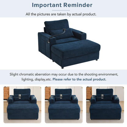 Merax Modern Oversized Chaise Longue Chair with Movable Storage Ottoman, 2 USB Ports, 2 Cup Holders, a Phone Holder, Side Pockets, 42.5" Reclining Chair for Living Room, Bedroom, Blue