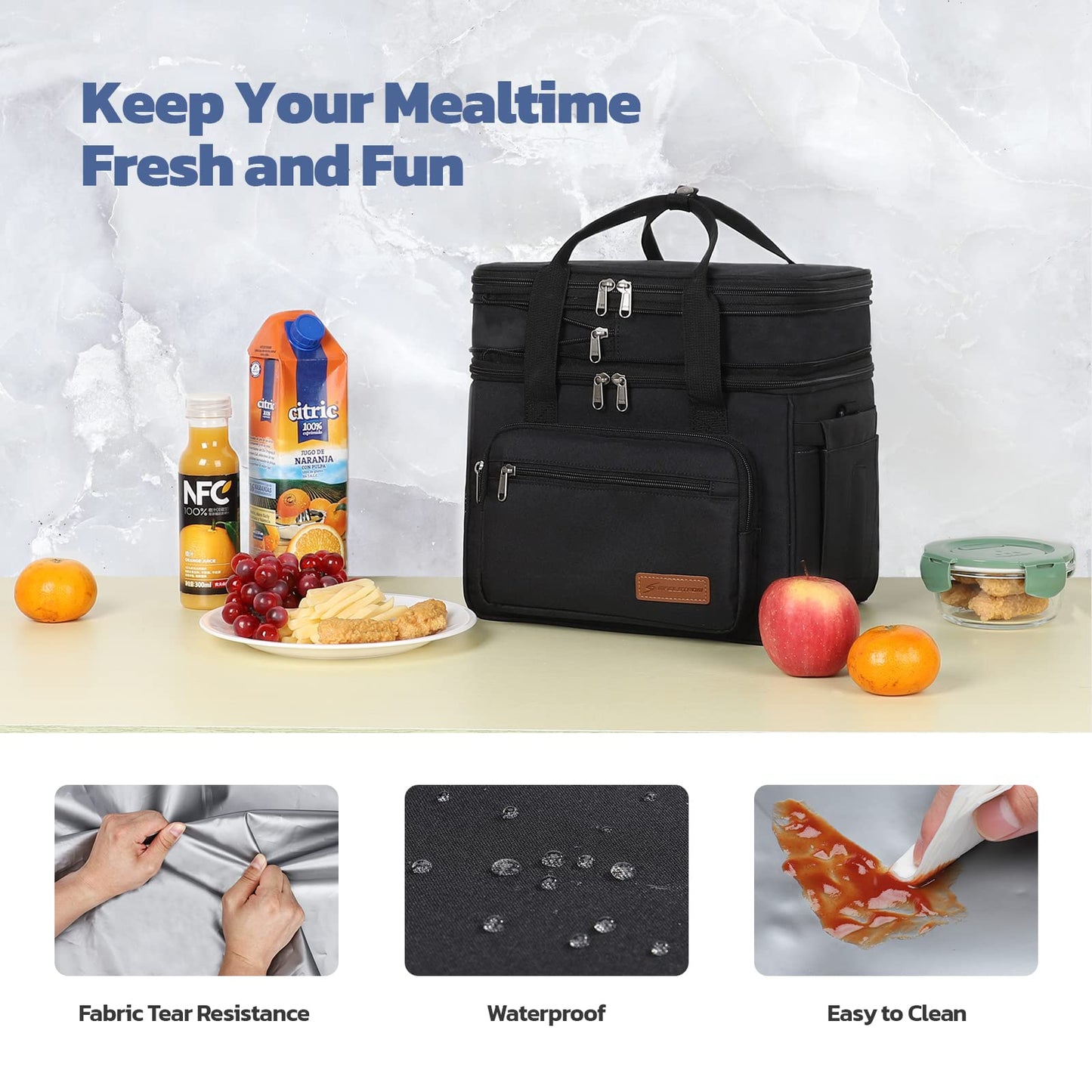 Maelstrom Lunch Box, 23L Insulated Lunch Bag, Expandable Double Deck Cooler Bag, Lightweight Leakproof Tote Bag With Side Tissue Pocket, Suit For Men and Women (A. Black)