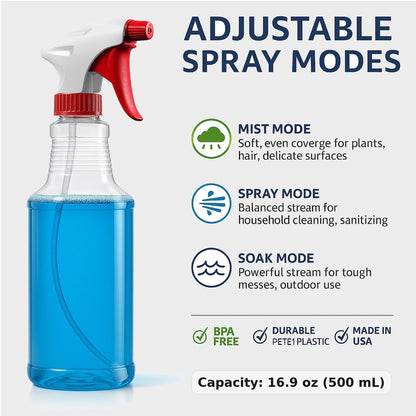 Bar5F Empty Plastic Spray Bottles 16-Ounce BPA-Free Food Grade Crystal Clear Fully Adjustable Sprayer (not for oil), 2-Pack (S-Series)