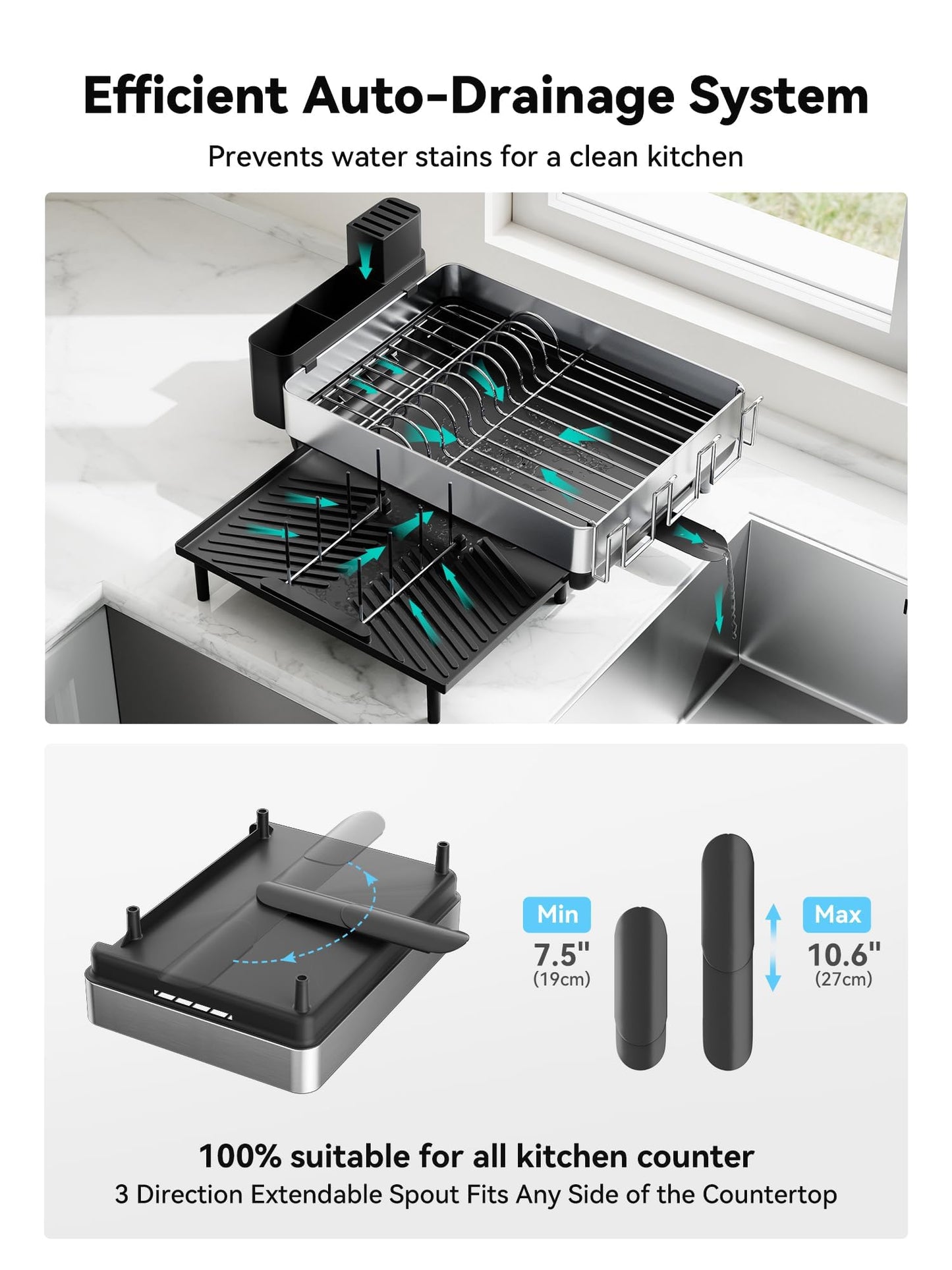 SUNLY Large Dish Drying Rack, Expandable Dish Racks for Kitchen Counter, Space Saving 304 Stainless Steel Drying Rack Kitchen, Extra Large Drainer with Multifunctional Flip Up Pegs, Black