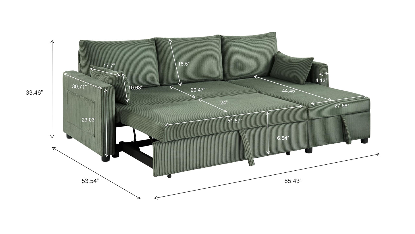 Trygoal Sectional Sleeper Sofa with Pull Out Bed, LShape Convertible Sofa Bed Couch with Storage Chaise, 3 in 1 Pull Out Sofa Bed with 3 Seats, for Living Room,Apartment, Green, 85Inch