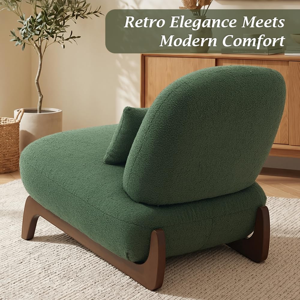 WELAX Modern Boucle Accent Chairs Set of 2, Sturdy Tilted Wood Legs with Thick Cushion & Comfy Lumbar Pillow, Armless Reading Chairs for Living Room, Lounge, Bedroom - Green