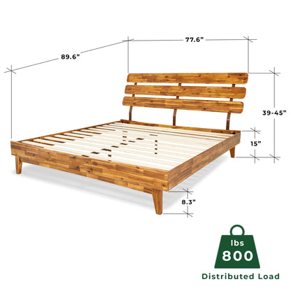 Bme Caden King Size Bed Frame and Adjustable Headboard, 15 Inch Mid Century Retro Style - Solid Acacia Wood - No Box Spring Needed - 12 Strong Wood Slat Support - Easy Assembly - Caramel