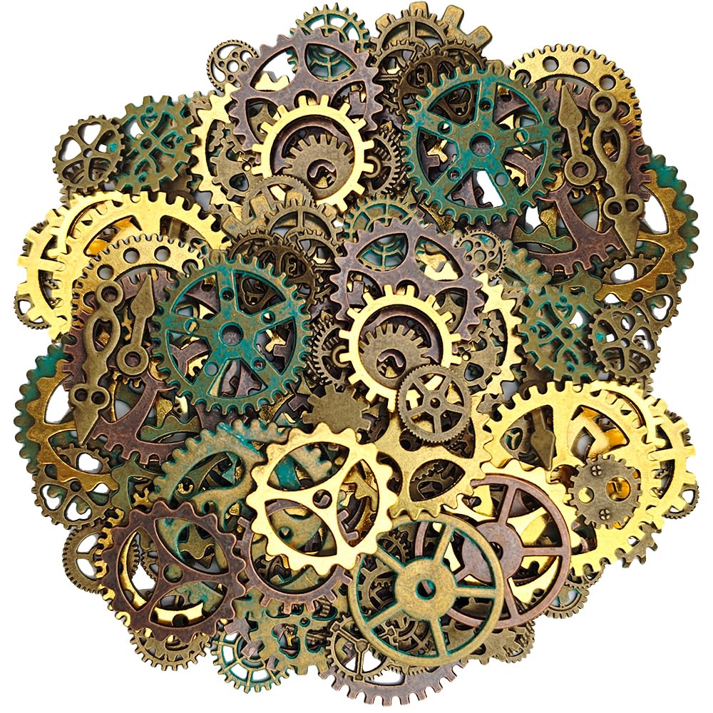 Antique Metal Steampunk Gears Charms Pendant Bulk Mix Steampunk Wheel Alloy Gear 200 Gram about 260 Pieces Different Size 4 Color Antique Metal Free of Rough Edges for Crafting Jewelry Making
