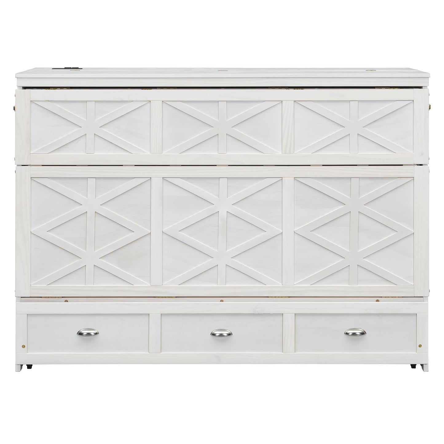 Merax Queen Size Murphy Bed Cabinet with Charging Station and Storage Drawer, Wooden Foldable Platform Bed Frame for Home Office Small Room, White