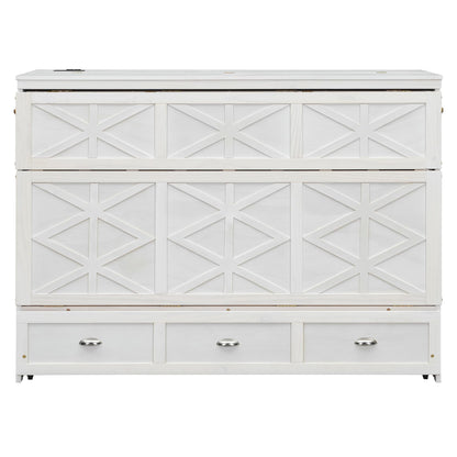 Merax Queen Size Murphy Bed Cabinet with Charging Station and Storage Drawer, Wooden Foldable Platform Bed Frame for Home Office Small Room, White