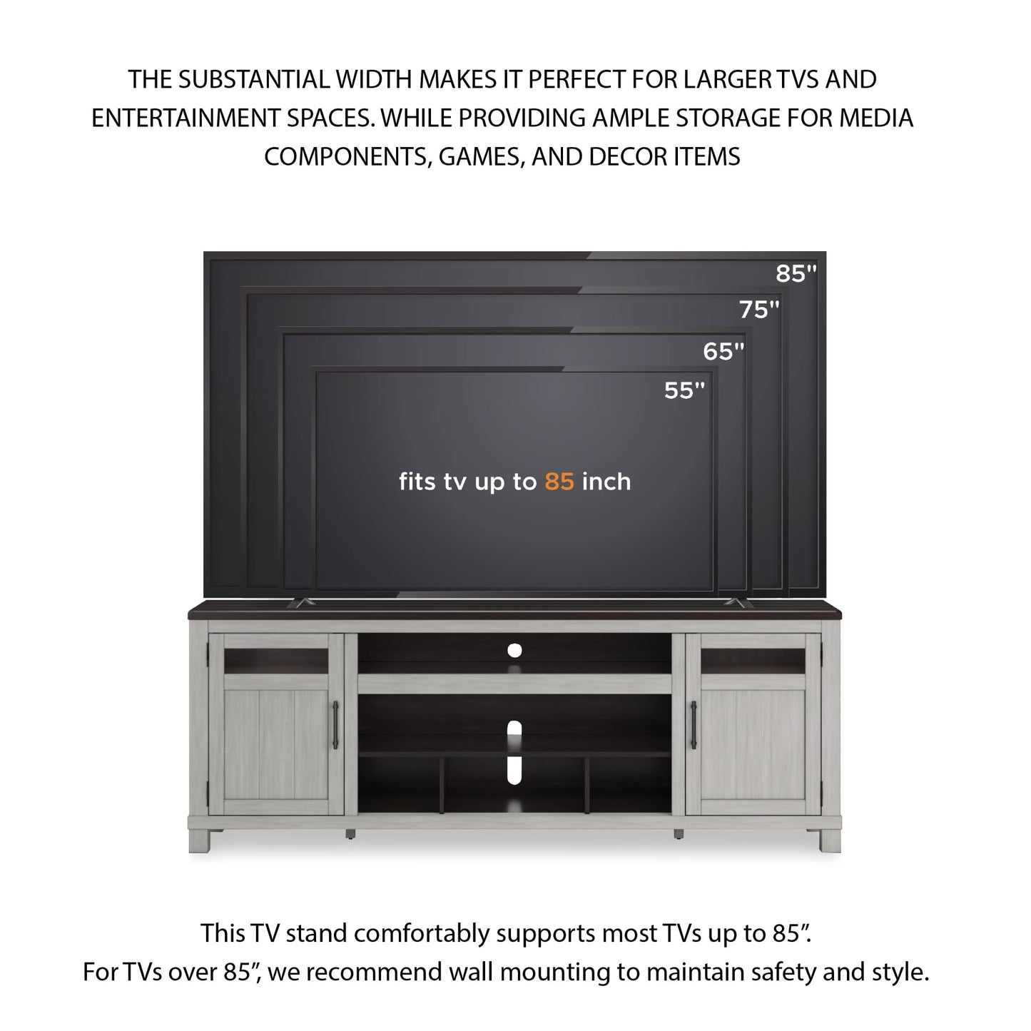 Signature Design by Ashley Darborn Farmhouse 88" TV Stand for TVs up to 101" with Adjustable Shelves, Cabinets, Cord Openings and Fireplace Option, Light Gray & Dark Brown