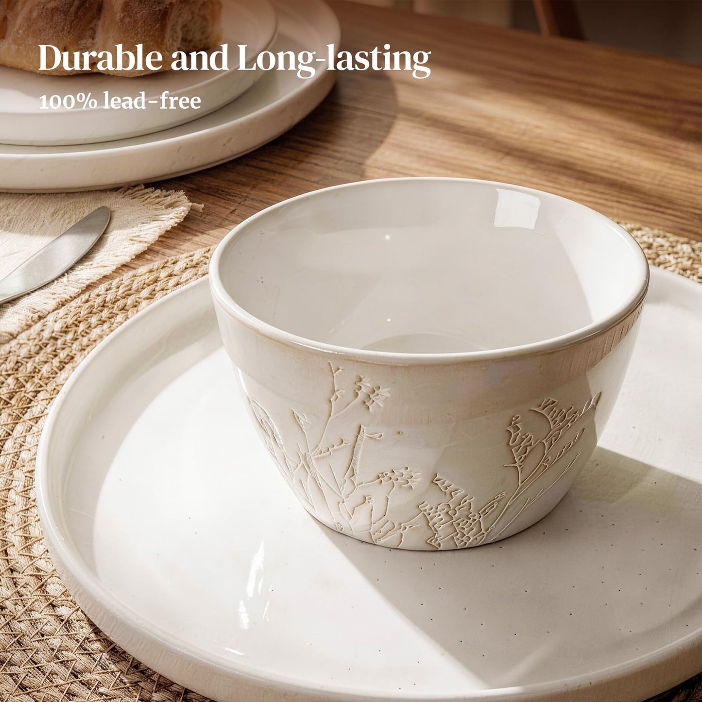 DOWAN 32 OZ Bowls, Soup Bowl Set of 4, Large Ceramic Bowls for Soup, Cereal, Pasta Bowls, Embossed Floral Design, Stackable, Microwave & Dishwasher Safe, for Ramen and Salad