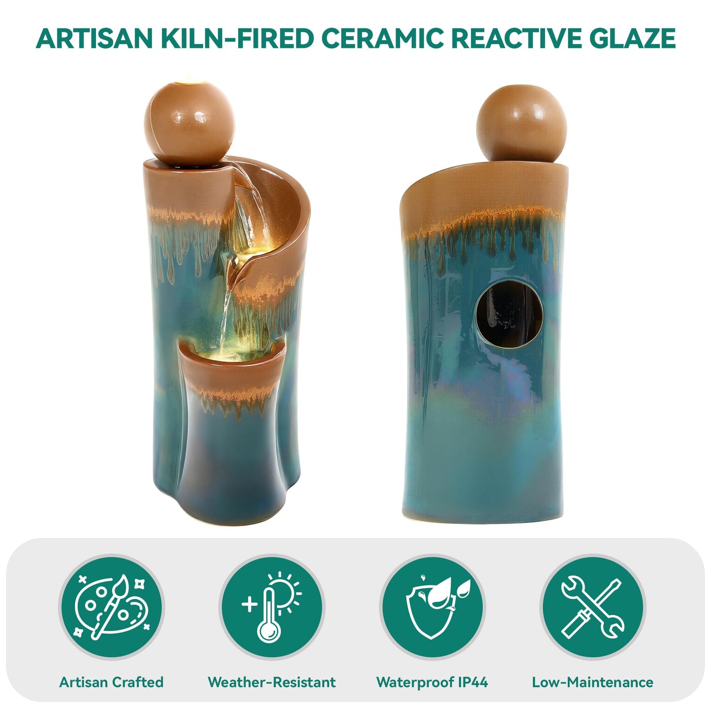 Ultym 32" H Ceramic Outdoor Water Fountain with LED Lights, 3-Tier Cascading Sphere Water Feature, Tranquil Waterfall for Relaxing Garden, Patio, Yard, or Porch, Teal & Copper Drip-Glaze Finish